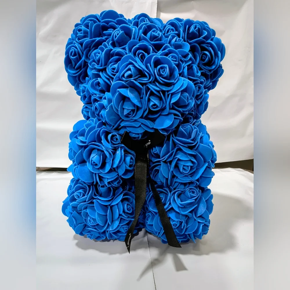 Blue Rose Teddy Bear with Black Ribbon